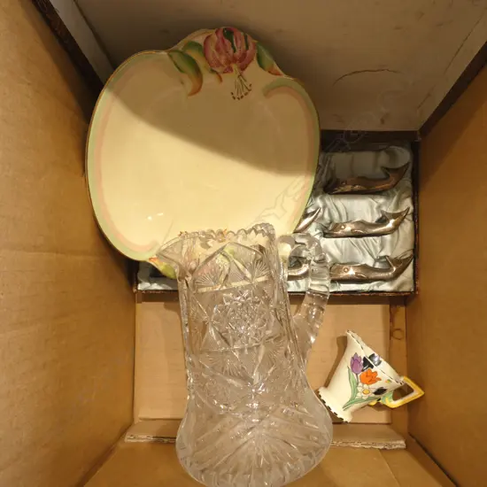 BOX OF 15 'DOLPHIN' KNIFE RESTS, CRYSTAL JUG & 2 PCES OF CHINA