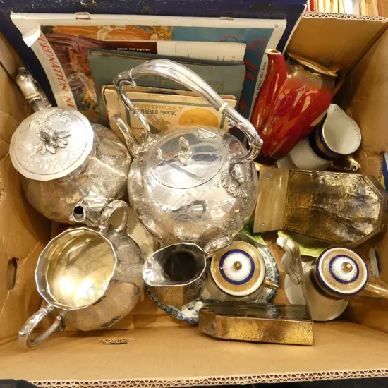 4 PCE SILVER PLATE TEA SET, ASST. CHINA, PR BOOKENDS ETC