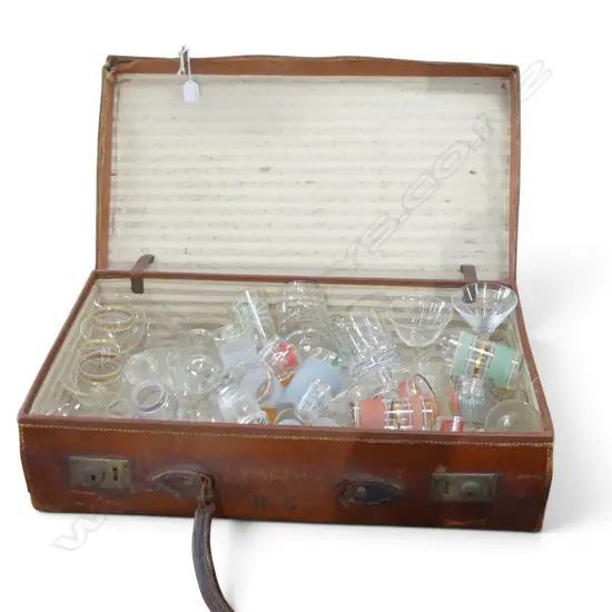 VINTAGE LEATHER SUITCASE W.650mm w. ASST. DRINKING GLASSES
