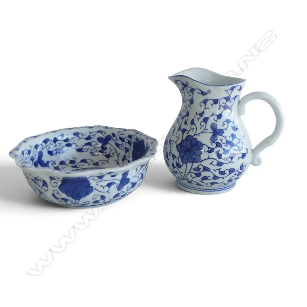VINTAGE CHINOISERIE B/W CERAMIC WASH BOWL & PITCHER WITH STAMP, H.230MM DIA.210MM Image 1++