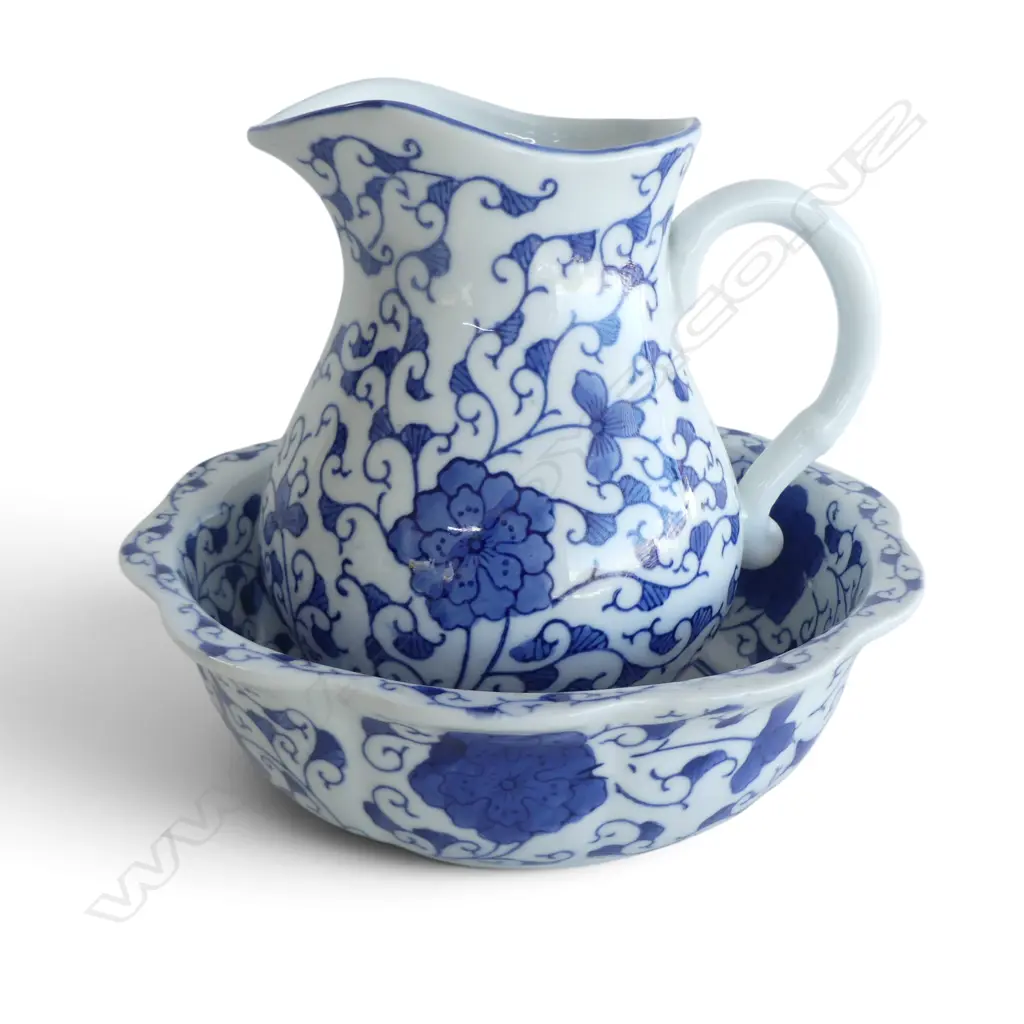 VINTAGE CHINOISERIE B/W CERAMIC WASH BOWL & PITCHER WITH STAMP, H.230MM DIA.210MM Image 1++