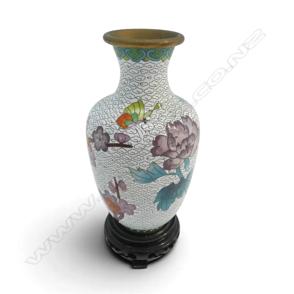 CLOISONNE VASE on wooden stand H.180mm Image 1++