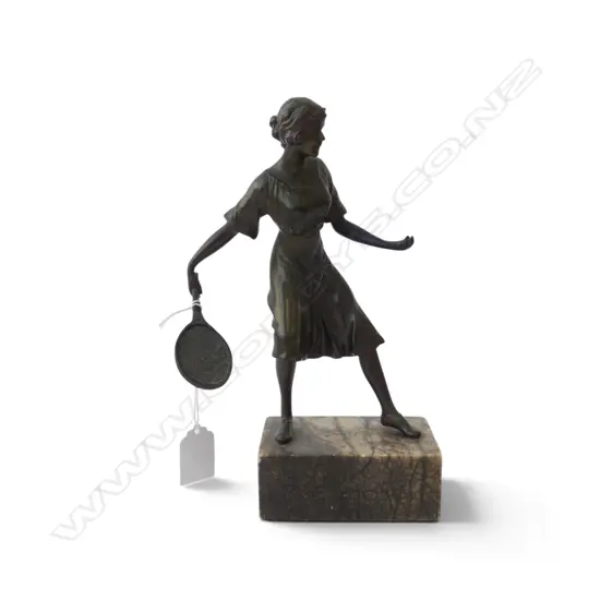 BRONZE FIGURINE ON MARBLE BASE; WOMAN w. TENNIS RACKET H.230mm BALL MISSING FROM HAND