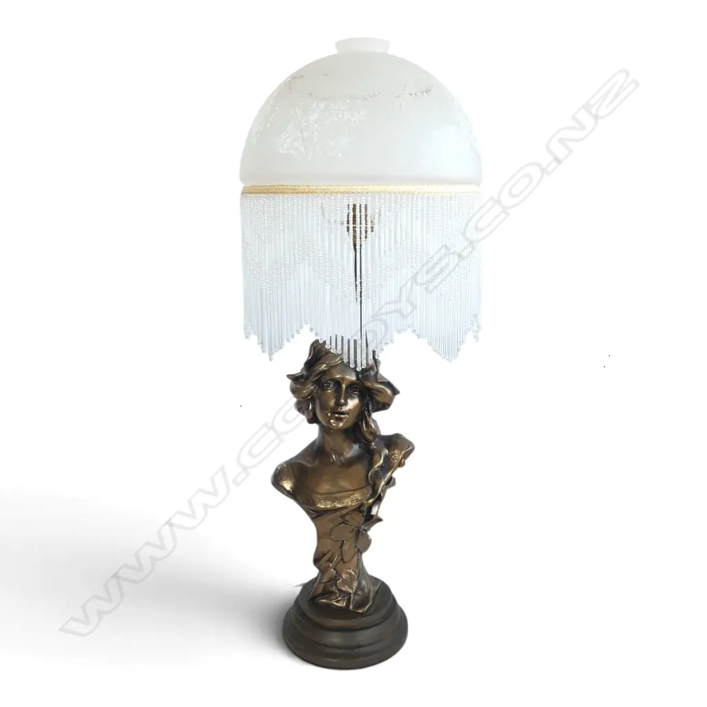 BRONZED ART NOUVEAU LADY FIGURE TABLE LAMP GLASS BEAD TASSELED SHADE  H670 DIA 240MM Image 1++