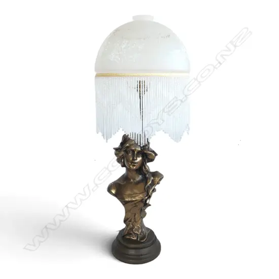 BRONZED ART NOUVEAU LADY FIGURE TABLE LAMP GLASS BEAD TASSELED SHADE  H670 DIA 240MM