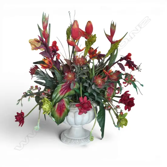 CLASSICAL STYLE LIGHTWEIGHT FIBERGLASS URN H 420mm with LARGE FAUX FLOWER DISPLAY OVERALL HEIGHT 1200mm