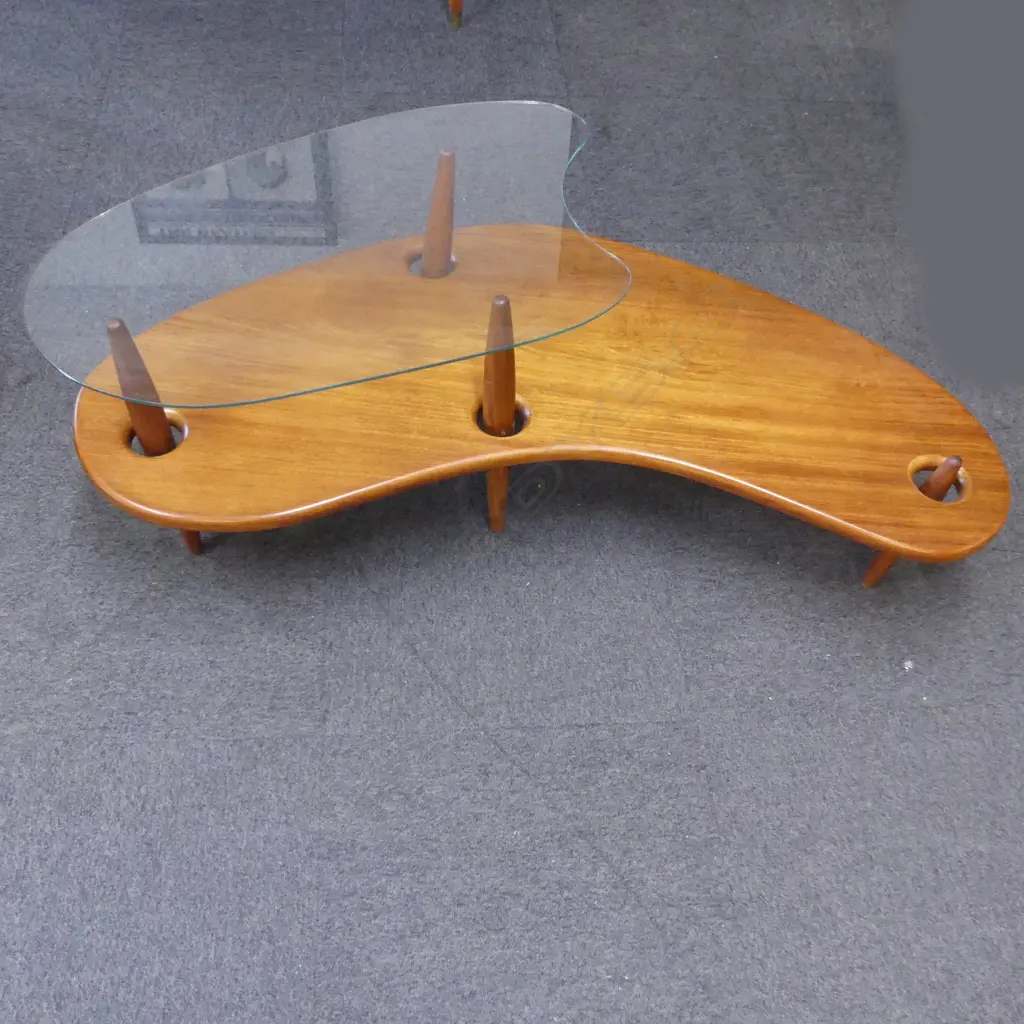 RETRO MID CENTURY BOOMERANG COFFEE TABLE, GLASS TOP W.1240mm Image 1++
