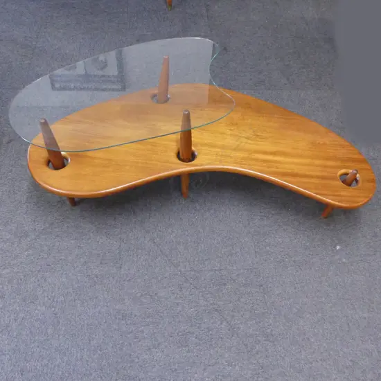 RETRO MID CENTURY BOOMERANG COFFEE TABLE, GLASS TOP W.1240mm