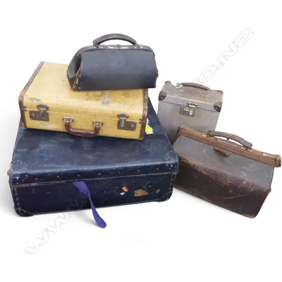 5 VINTAGE CASES (2 SUITCASES, CARRY BOX, 2 DOCTORS BAGS)