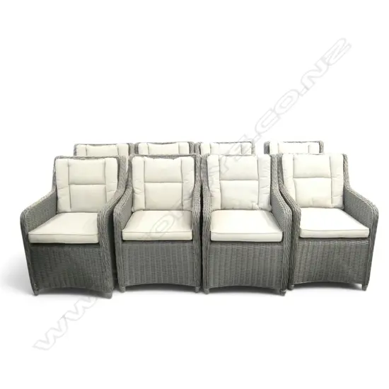 8 PLASTIC CANE OUTDOOR CHAIRS w. cushions H.910mm