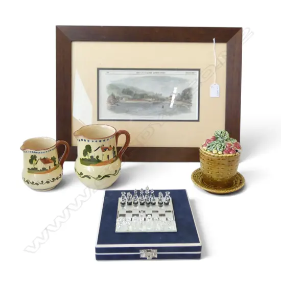 5 ITEMS; KAWAU ISLAND PRINT 120x250mm, 2 TORQUAY JUGS (CHIPS), SARREGUEMINES LIDDED CONTAINER AF, PRECIOSA CRYSTAL CHESS