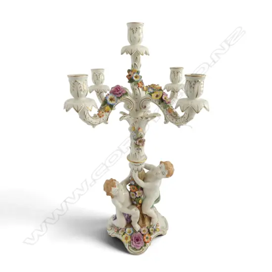DRESDON CHINA PUTTI 5 BRANCH TABLE CENTER PIECE CANDELABRA H580 DIA380MM