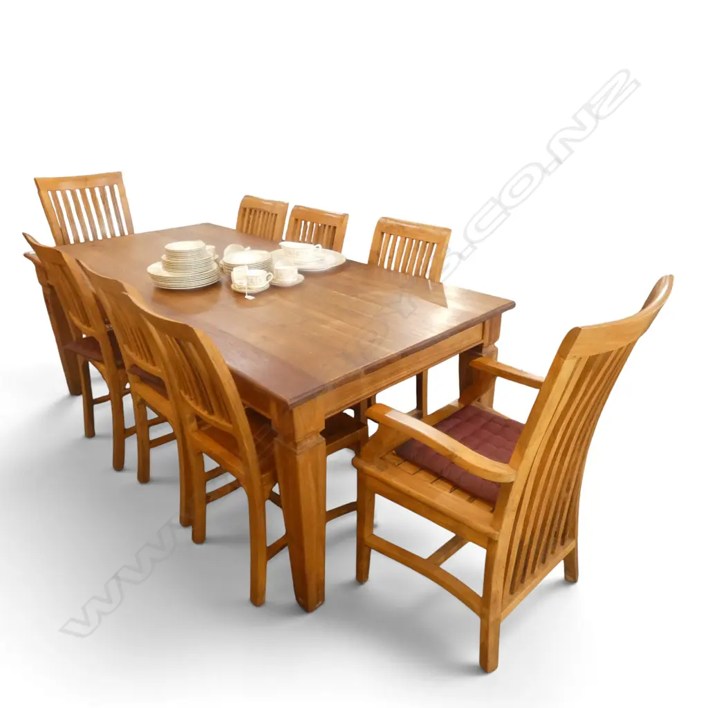 HARD WOOD DINING TABLE w. 1 DRAWER 2100x1030x780mm & 8 CHAIRS Image 1++