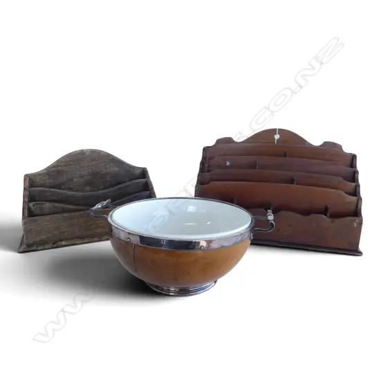 VINTAGE OAK & SILVER PLATE BOWL W.310mm + 2 DESK ORGANISERS