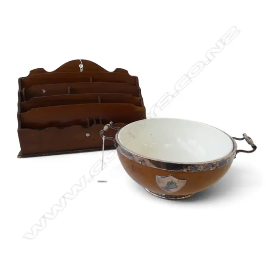 VINTAGE OAK & SILVER PLATE BOWL W.310mm + DESK ORGANISER