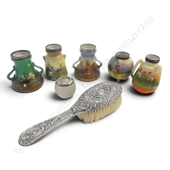 5 ROYAL BAYREUTH VASES w. STG SILVER RIMS H.80mm + GLASS MATCH STRIKER & STG SILVER HAIRBRUSH