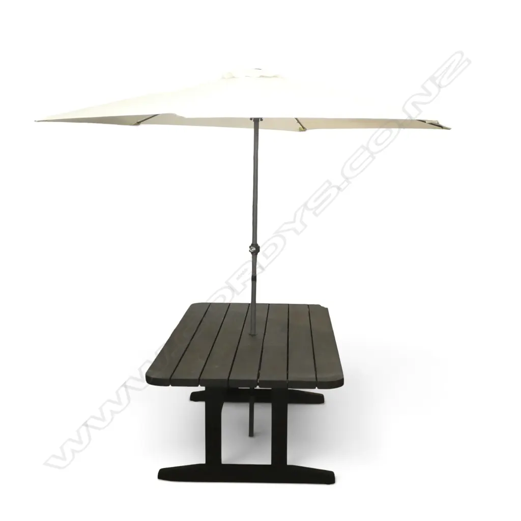 BLACK PAINTED OUTDOOR PLANK TOP TABLE w. UMBRELLA 2800x1050x680mm Image 1++