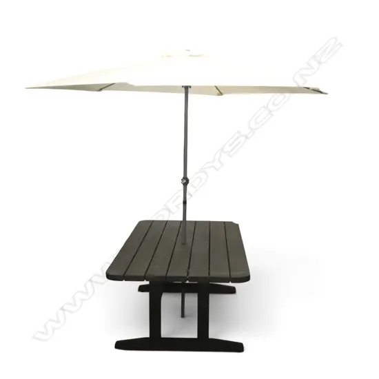 BLACK PAINTED OUTDOOR PLANK TOP TABLE w. UMBRELLA 2800x1050x680mm