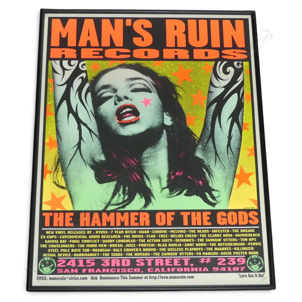 FRAMED POSTER 'MAN'S RUIN RECORDS: THE HAMMER OF THE GODS' SIGNED, 182/500 725x560mm Image 1++