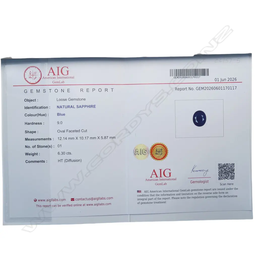 BLUE SAPPHIRE RING, stone heat treated, AIG REPORT, SIZE Q Image 1++