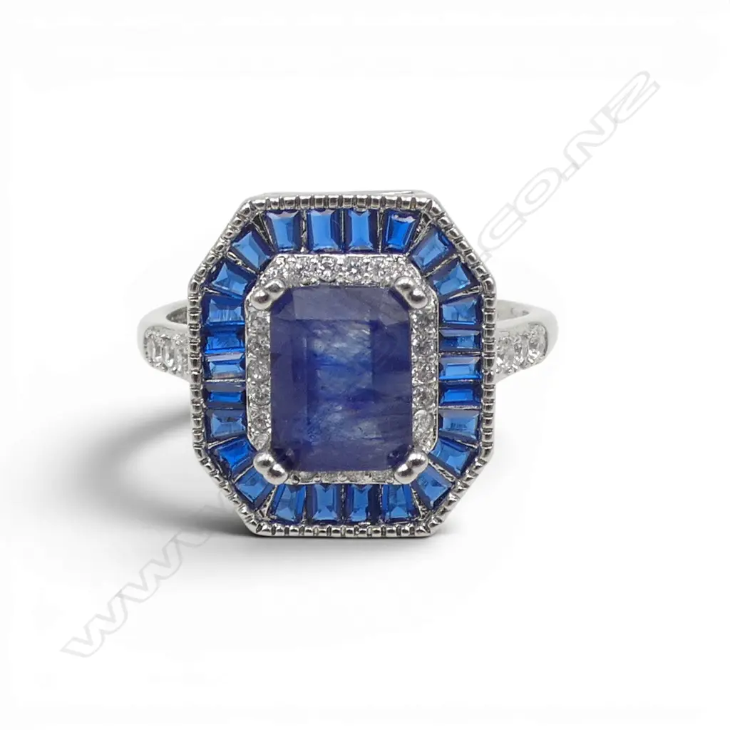 SAPPHIRE & GLASS DECO STLYE RING, centre stone heat treated & glass filled, NOT SILVER, AIG REPORT Image 1++