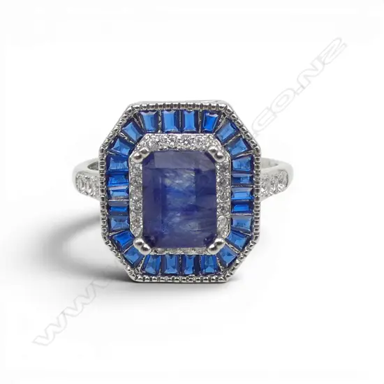SAPPHIRE & GLASS DECO STLYE RING, centre stone heat treated & glass filled, NOT SILVER, AIG REPORT
