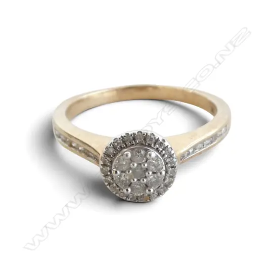 9ct YELLOW GOLD 42 DIAMOND CLUSTER RING TWD. 0.25ct.  Size N. With valuation $1350. 2.6gms.