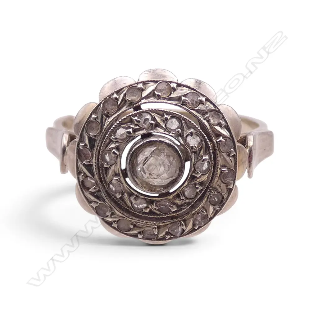 18CT WG DIAMOND RING 3.2gms SIZE L old rose cut diamonds Image 1++