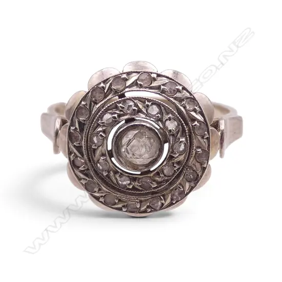 18CT WG DIAMOND RING 3.2gms SIZE L old rose cut diamonds