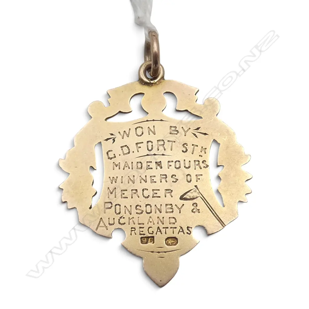 NZ COLONIAL 9ct ROSE GOLD ROWING REGATTA 1901/1902 FOB MEDALLION. 9.23gms Image 1++
