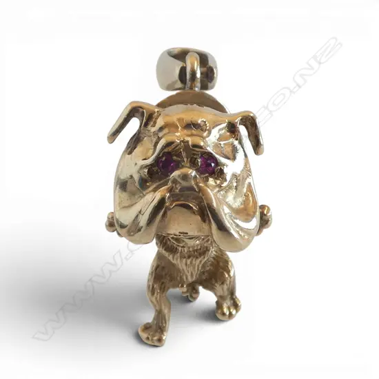 9ct YELLOW GOLD NOVELTY BULLDOG PENDANT gem set. 16.6gms