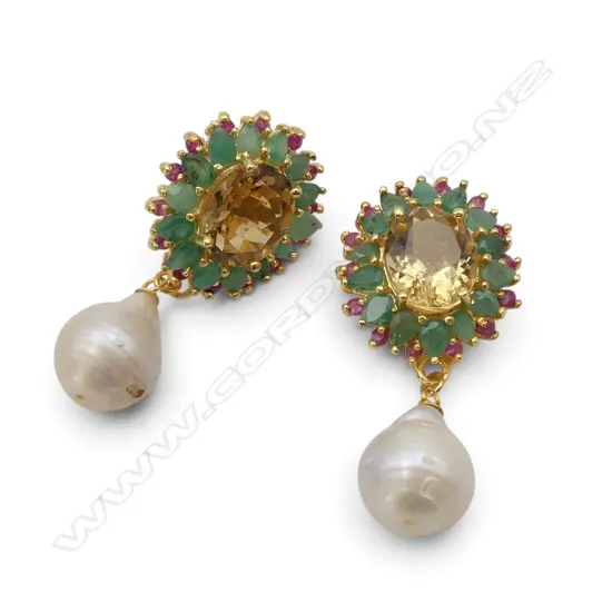 PAIR SILVER GILT CITRINE/EMERALD/BAROQUE PEARL/RUBY (treated) EARRINGS (one earring requires repair)