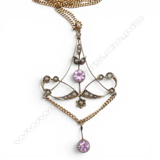 Edwardian 9ct gold. 2.6gms. On silver & gold plate chain