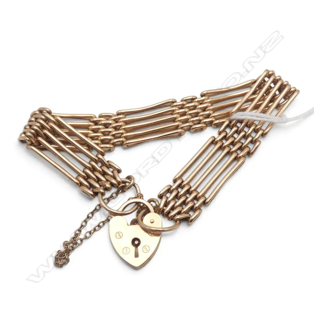 9ct ROSE GOLD GATE LINK BRACELET w. HEART CLASP L.95mm 19.25gms Image 1++