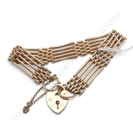 9ct ROSE GOLD GATE LINK BRACELET w. HEART CLASP L.95mm 19.25gms