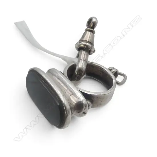 c1900 'STERLING' SILVER & BLOODSTONE FOB SEAL + CHAIN 'DOG CLIP'