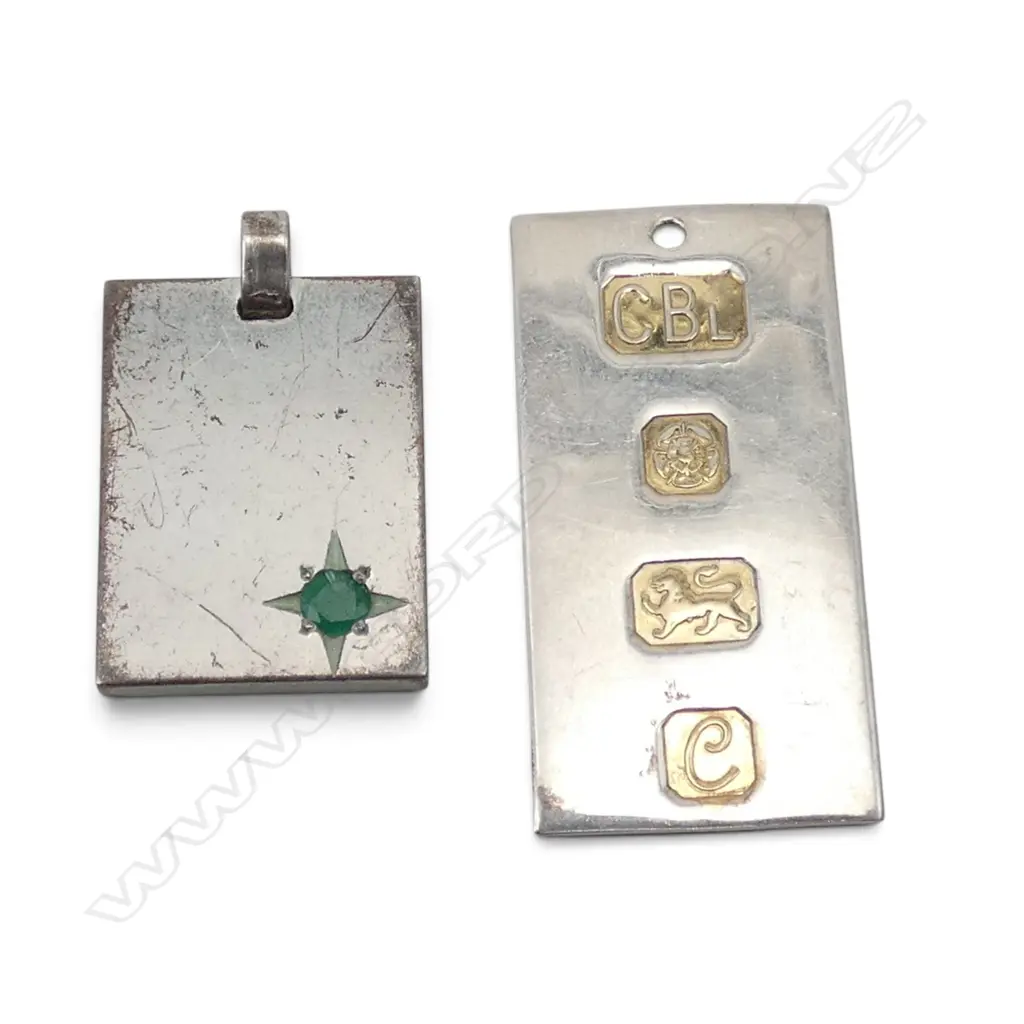 2 STG SILVER INGOT PENDANTS one w. gilded inserts one with emerald english hallmarks 21.37gms Image 1++