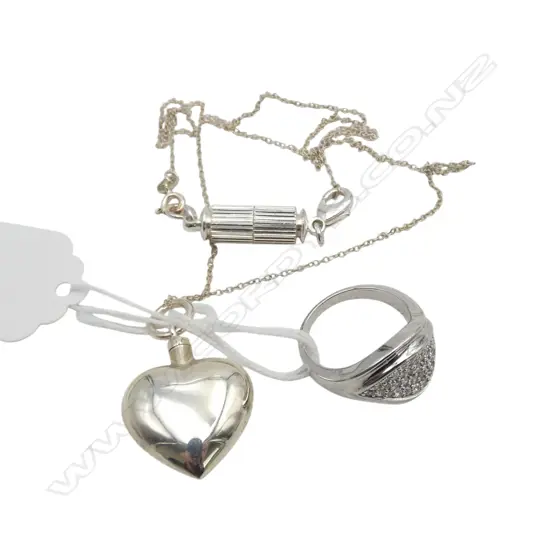 S/SILVER HEART PENDANT ON CHAIN & S/SILVER MULTI WHITE STONE DRESS RING