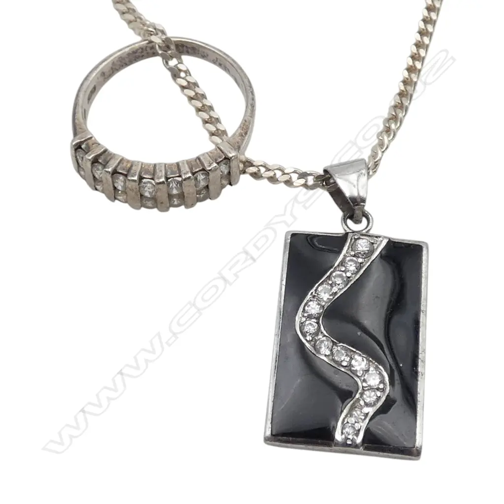 S/SILVER BLACK ENAMEL & WHITE STONE PENDANT ON S/SILVER CHAIN WITH S/SILVER WHITE STONE RING 11.6 GMS Image 1++