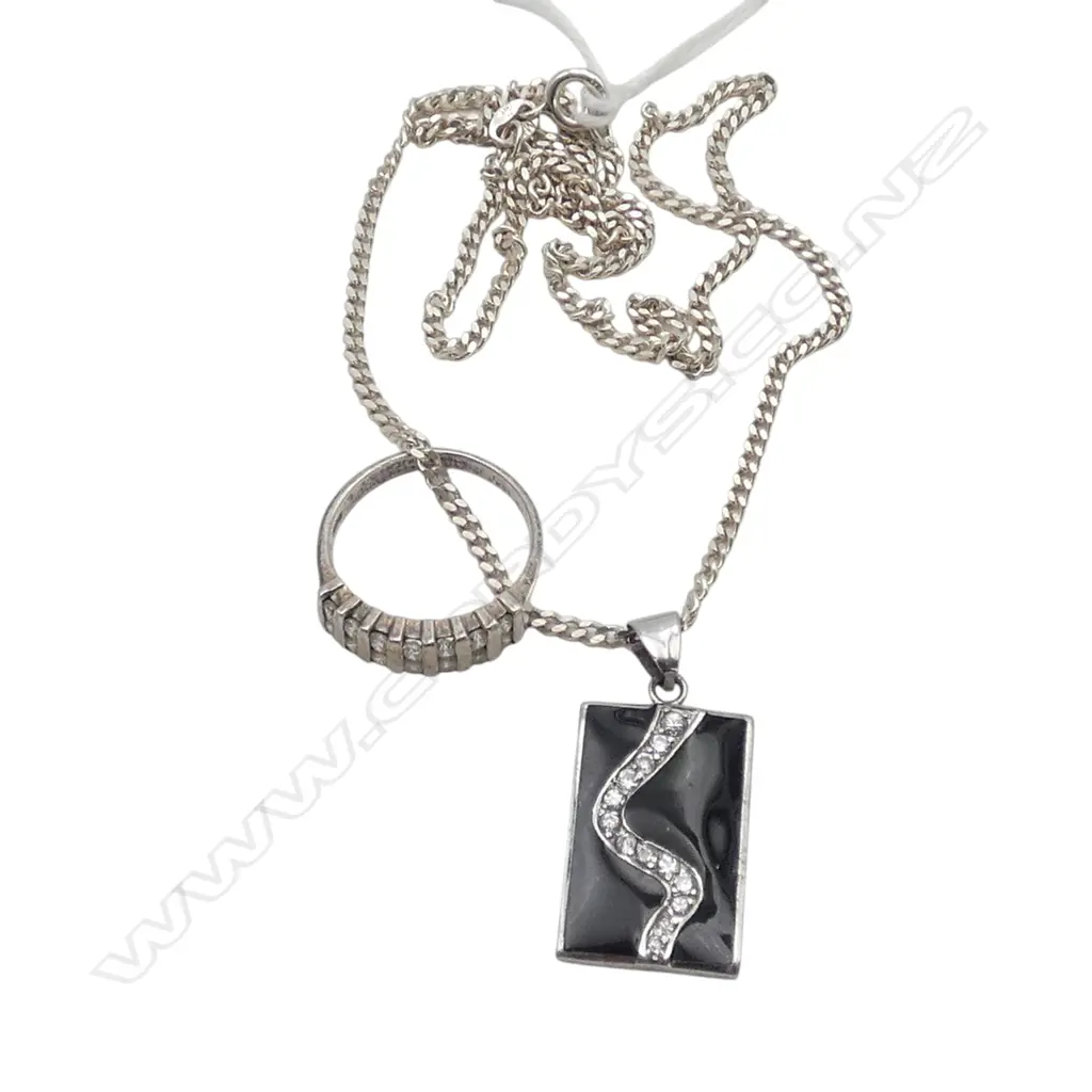 S/SILVER BLACK ENAMEL & WHITE STONE PENDANT ON S/SILVER CHAIN WITH S/SILVER WHITE STONE RING 11.6 GMS Image 1++
