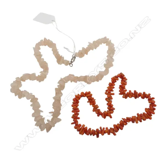 VINTAGE CORAL LENGTH & PINK QUARTZ NECKLACE, L.150MM L.240MM