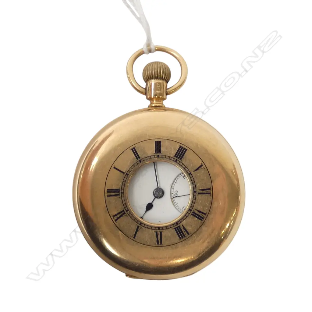 Early 20thC 18ct yellow gold gent's half hunter pocket watch. Running. No glass.  104gms Image 1++