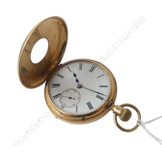 Early 20thC 18ct yellow gold gent's half hunter pocket watch. Running. No glass.  104gms
