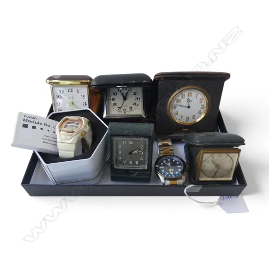 5 TRAVEL CLOCKS, TIMEX WRISTWATCH & BABY-G WRISTWATCH
