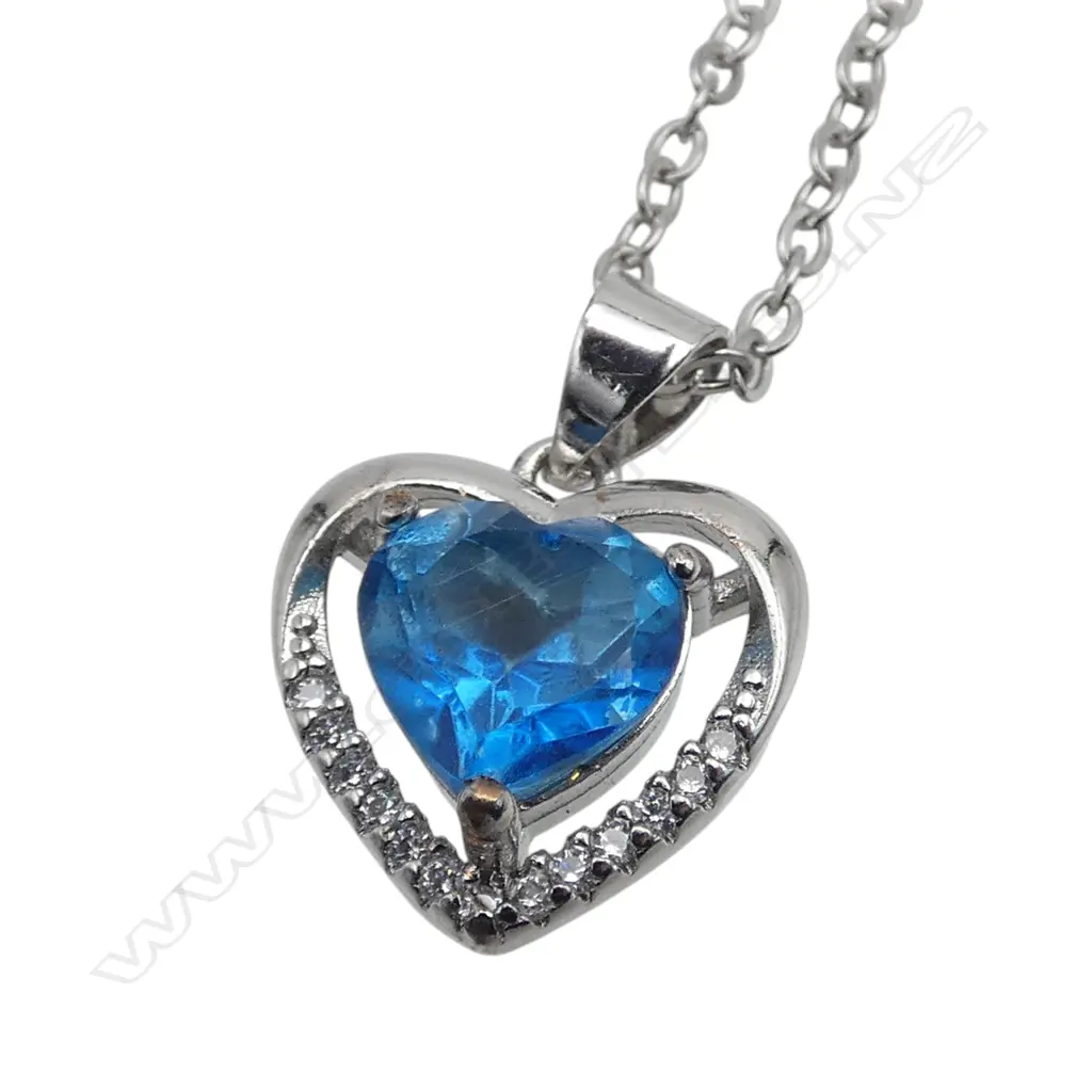 BLUE TOPAZ HEART PENDANT on CHAIN, stone treated, AIG REPORT Image 1++
