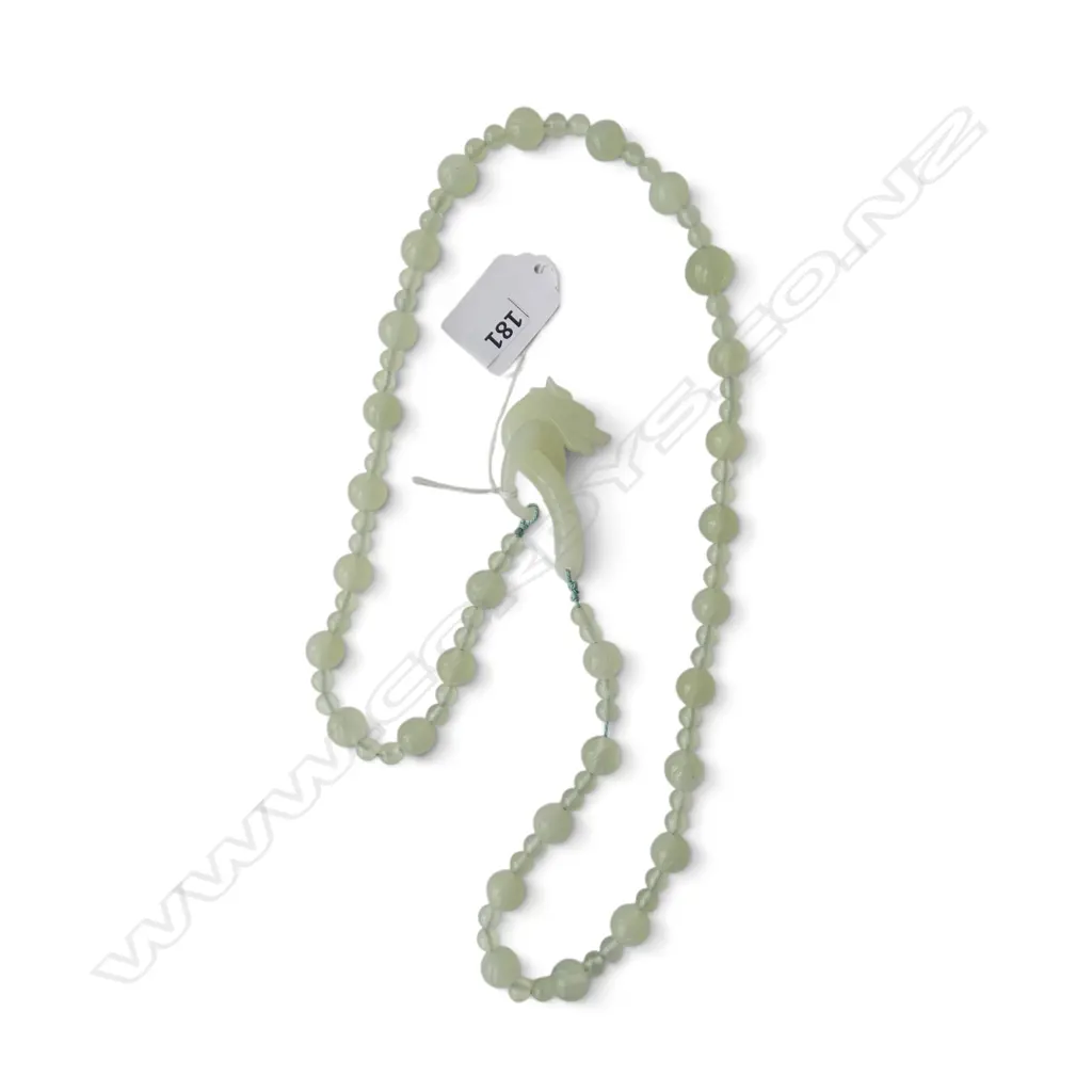 LONG CARVED PALE JADE BEAD NECKLACE with dragon hook clasp. L.800mm Image 1++