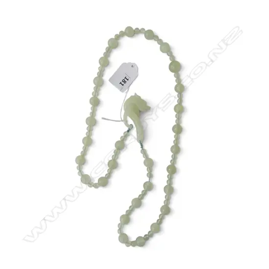LONG CARVED PALE JADE BEAD NECKLACE with dragon hook clasp. L.800mm