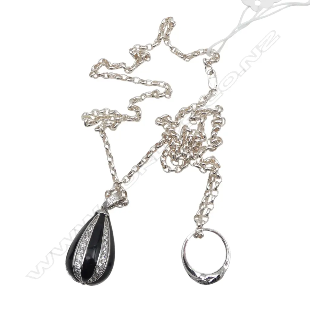 S/SILVER RING WITH BLACK AND WHITE DIAMONDS & ENAMEL PENDANT ON S/SILVER CHAIN 30.8GMS TOTAL WIEGHT Image 1++