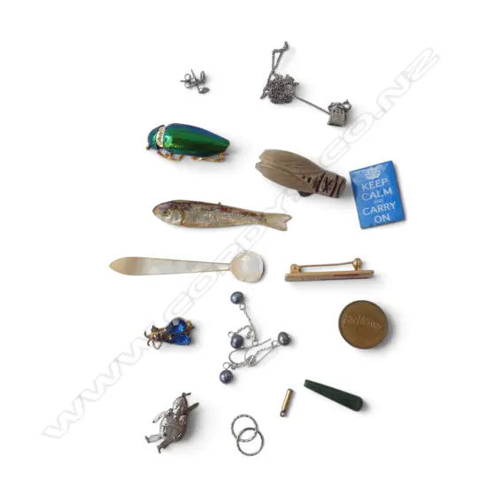 BAG COSTUME JEWELLERY: scarab beetle fish spoon Tweedle Dee charm etc