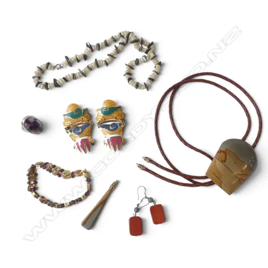 POLISHED STONE LEATHER NECK TIE & ASST. JEWELLERY